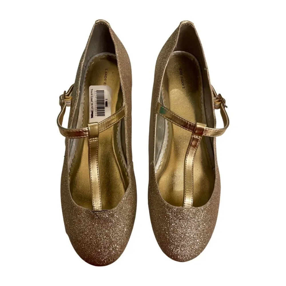 LANDS' END Girls'  Sparkly Gold Mary Jane T Strap Dress Shoes Size 6